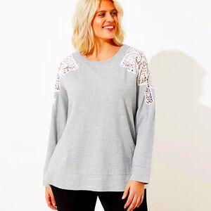 Loft Gray Sweatshirt with White Lace Embroidered on Front & Down the Arm,Size XL